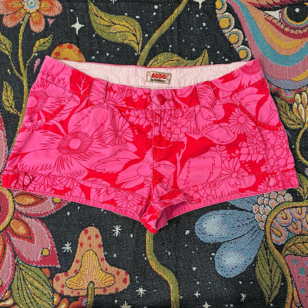 Vintage 90s y2k Floral Pink Red Mini Shorts Whimsy Tropical Preppy SoCal XL 15